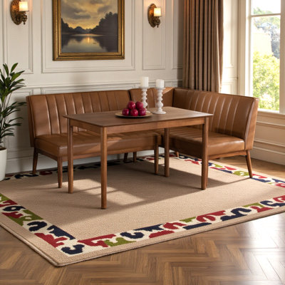 Billie 3-Pc Tan Upholstered & Brown Finish Dining Nook Set, 27.58" H X 47.12" W X 27.32" D