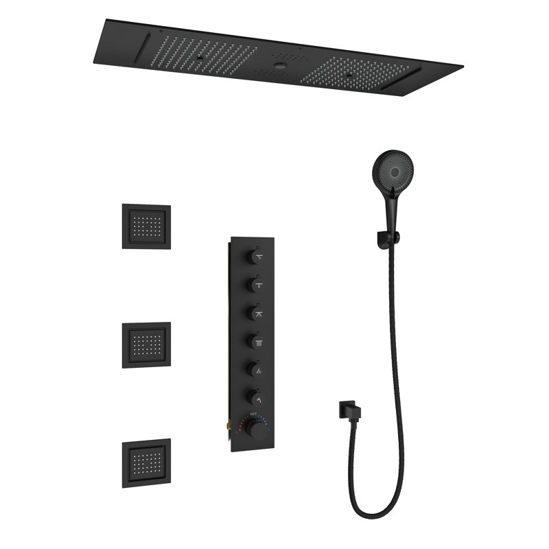 Système de douche thermostatique Bluetooth Rodeo 35 po x 12 po avec douchette à 3 fonctions et 3 jets corporels, Noir mat