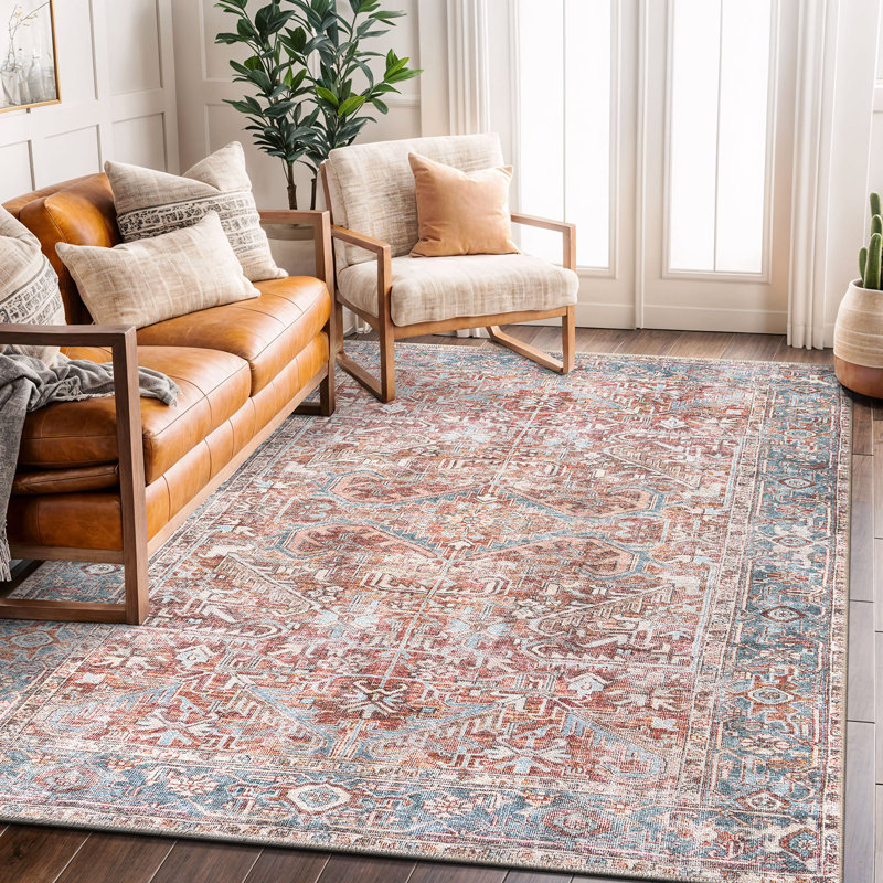 Tapis rouge / bleu lavable à la machine Kromer Medallion, Rectangle 7 pi 7 po x 9 pi 6 po