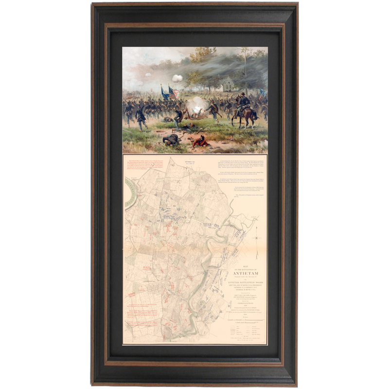 Encadré Bataille d'Antietam par Thure De Thulstrup et carte du champ de bataille, H 24 po x l 14 po