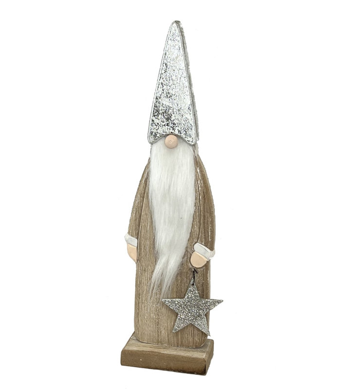 Figurine de père Noël gnome en bois tenant une étoile, H 12 po x l 2 po x P 6 po
