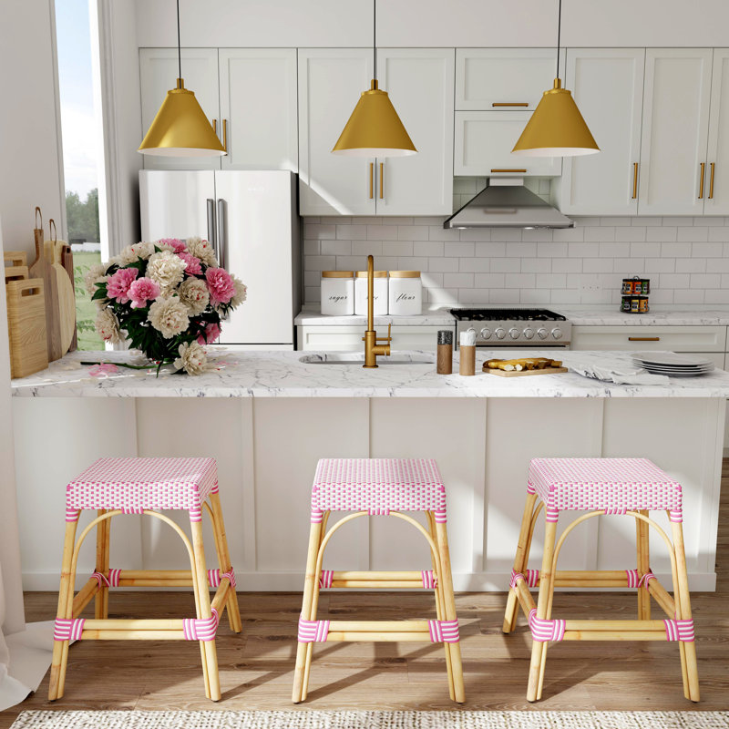 Robias Rattan Bar & Counter Stool, White/Pink Dot/ Natural Rattan Frame, Counter Stool (24.5" Seat Height)
