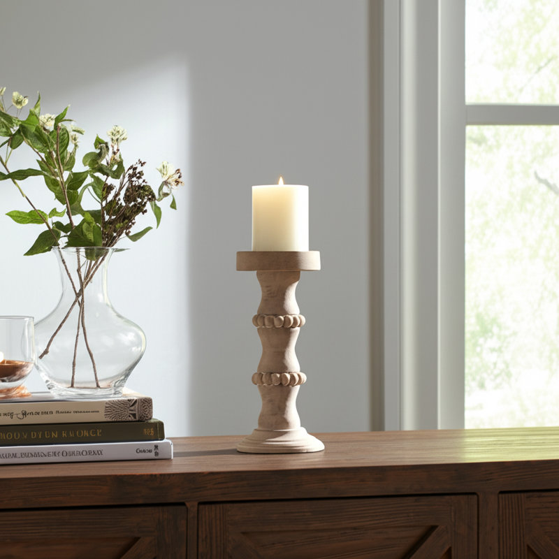 Handmade Rustic Solid Wood Tabletop Candlestick, 11" H x 5" W x 5" D, Ivory/Beige