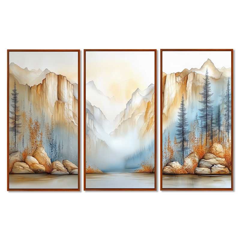 «Dramatic Cliff of Yosemite - Mountain», art mural 3 pièces, H 32 po x l 48 po, Cadre flottant brun