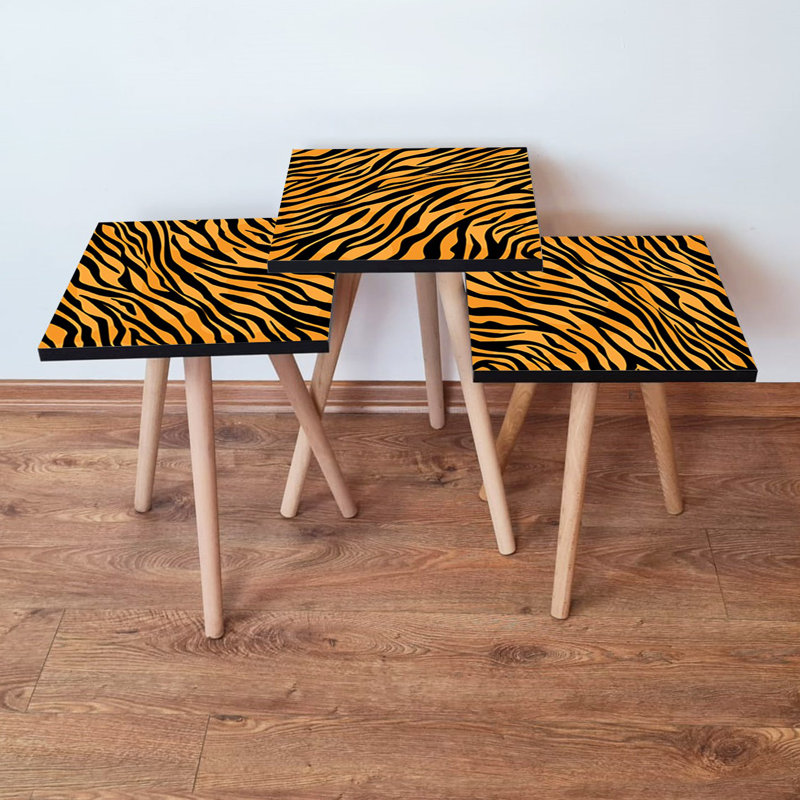 Modern Nesting Table Set (3 Pieces), Orange & Black, 13.8 x 20.5 x 13.8 inches | 100% MDF with Beech Wood Legs, Thickness: 0.7 inches | Stylish & Functional Design for Living Room, Office, or Study Space