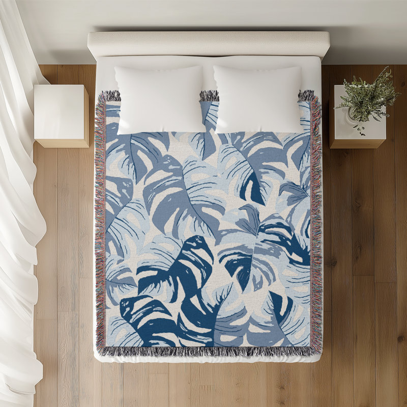 Jeté en coton Monstera, Bleu, 50 x 60