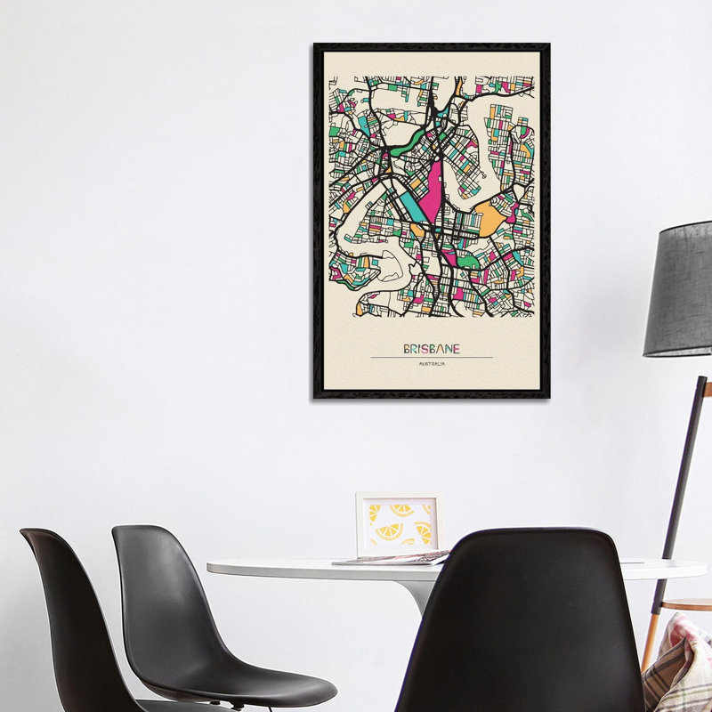 Brisbane, Australia Map by Ayse Deniz Akerman - Print on Canvas, 101.6 cm H x 66.04 cm W, Black Floater Frame