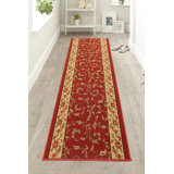 Custom Size Washable Non-Slip French Veronica Floral Red Design Low Pile Hallway Runner Rugs
