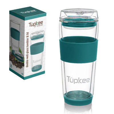 Tupkee Double Wall Glass Tumbler - 14 oz, All Glass Reusable Insulated Tea/Coffee Mug & Lid, Hand Blown Glass Travel Mug - Cyan