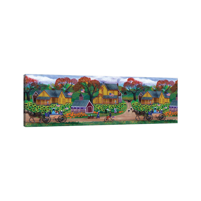 American Primitive Sunflower Pumpkin Farm Border by Cheryl Bartley - Panoramic Painting on Canvas, Wrapped Canvas
