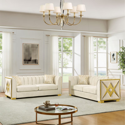 81.1 Inches Velvet Button Tufted Sofa Couch With 2 Pillows, 3 Seater Luxury Chesterfield Sofa Set With Gold Stainless Steel Accents For Living Room, Velvet