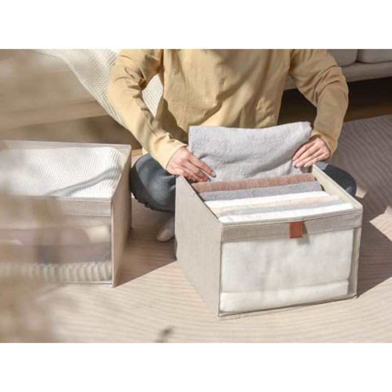 Paniers de rangement pour garde-robe, paniers de rangement extra larges avec fenêtre transparente et poignées, organisateur de tissu pliable pour vêtements, tablettes, brun et beige, paquet de 3