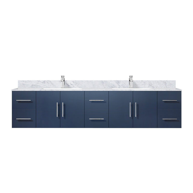 Geneva 84" Wall-Mounted Double Bathroom Vanity Set, Navy Blue, White Carrara Marble