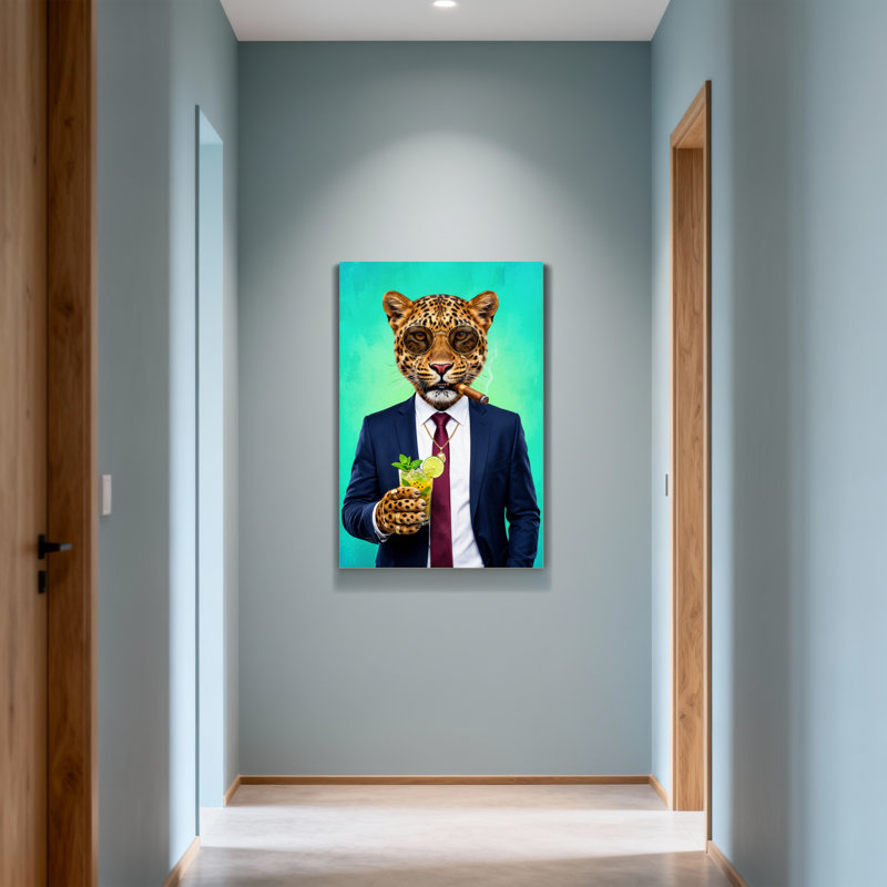 Animaux léopard en costume avec cocktail et cigare, H 18 po x l 12 po