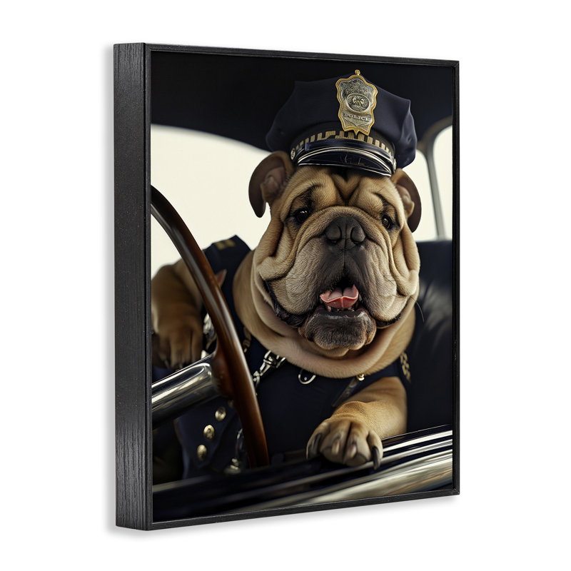 «Police Dog in Car Giclee» par Ray Heere, Giclée encadrée noir minuit, H 30 po x l 24 po