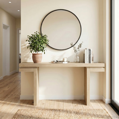 Console 66 po en chêne vieilli extra large avec placage en bois véritable, canapé minimaliste derrière le canapé pour le vestibule, le couloir, le salon et le bureau personnel