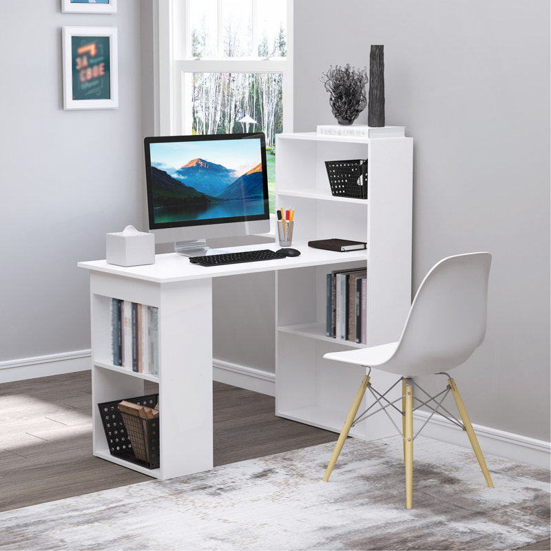 Bureau d'écriture moderne avec tablettes de rangement à 6 niveaux, table d'écriture avec bibliothèque de 47 po, blanc
