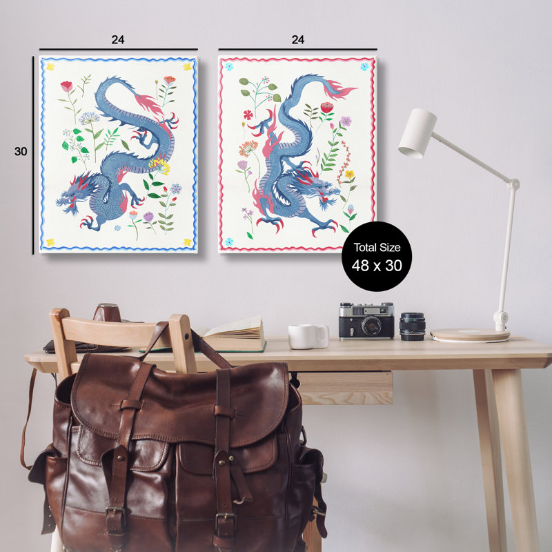  "Dragons with Flower Détails", ensemble de 2 toiles murales par Melissa Wang, H 30 po x l 24 po