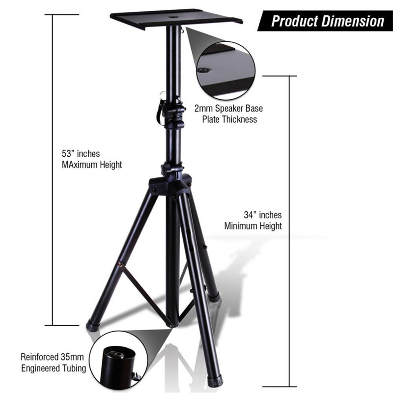 Dual Studio Monitor, 2 Speaker Stand Mount Kit, Heavy Duty Tripod Pair, Adjustable Height Speaker Stands - 85 To 135 Cm, Metal Platform Base - Easy Mobility Safety PIN For Structural Stability