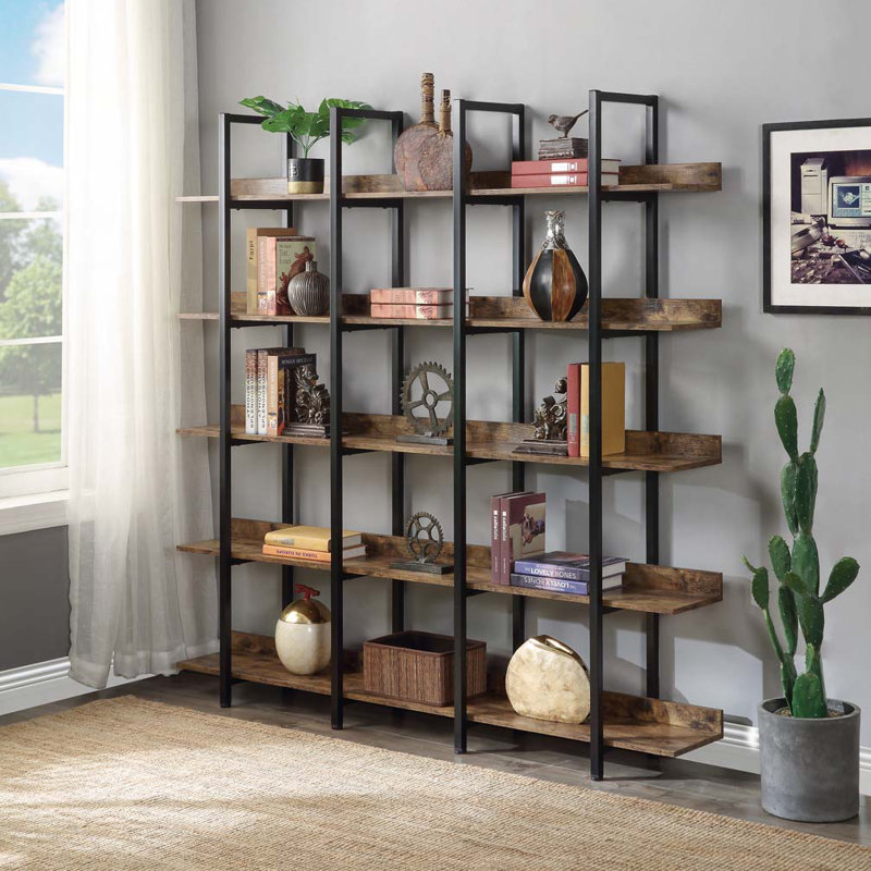 Bibliothèque à 5 niveaux avec bureau ouvert, étagère de style industriel rétro avec structure en métal, panneau de fibres à densité moyenne