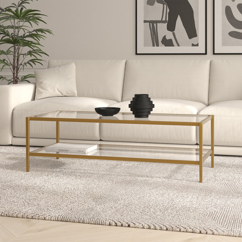 Hera Four Leg Coffee Table with Storage, 43.2 cm H x 137.2 cm W x 61 cm D, Antique Brass