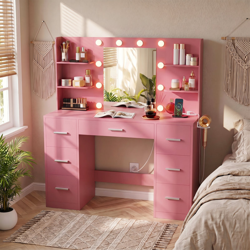 Coiffeuse de maquillage avec prise de courant rapide de type C de 20 W et 3 modes de luminosité réglables, Rose clair