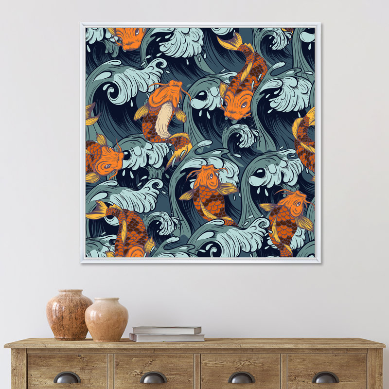 Poisson koi japonais - Impression sur toile, H 36 po x l 36 po x 1,5 po, Cadre flottant noir