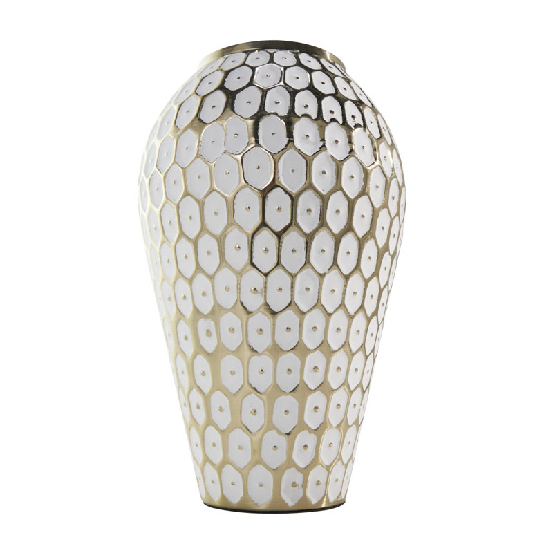 Metal Geometric Dot Geometric Gold Decorative Vase with White Accents