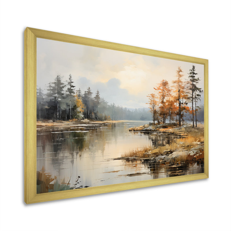 «Lakeside Fall Foliage Serenity II - Lake River», art mural, H 16 po x l 32 po x P 1 po, Cadre doré simple