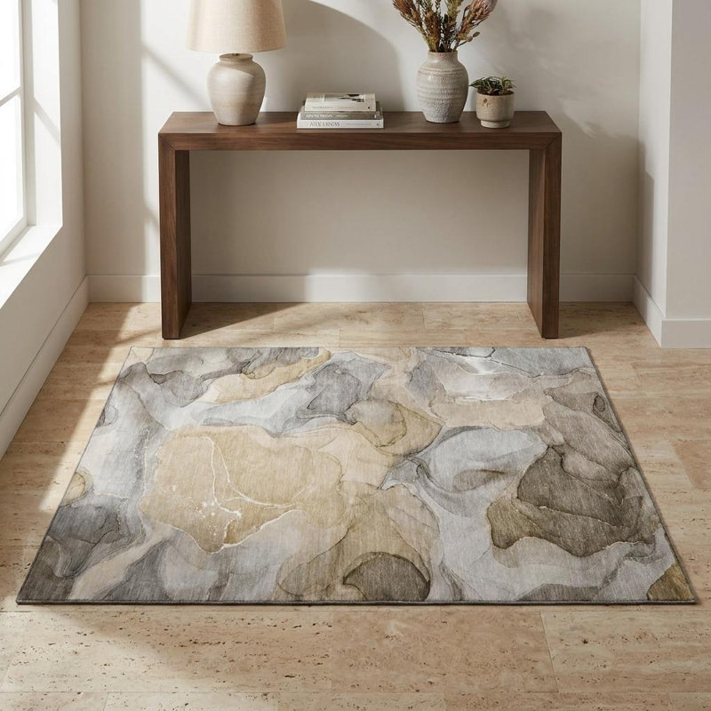 3' X 5' Brown Gray And Ivory Abstract Washable Area Rug With UV Protection