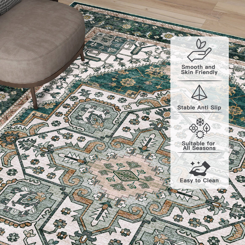 Anran Machine Washable Green Area Rug, Rectangle 5' x 7'
