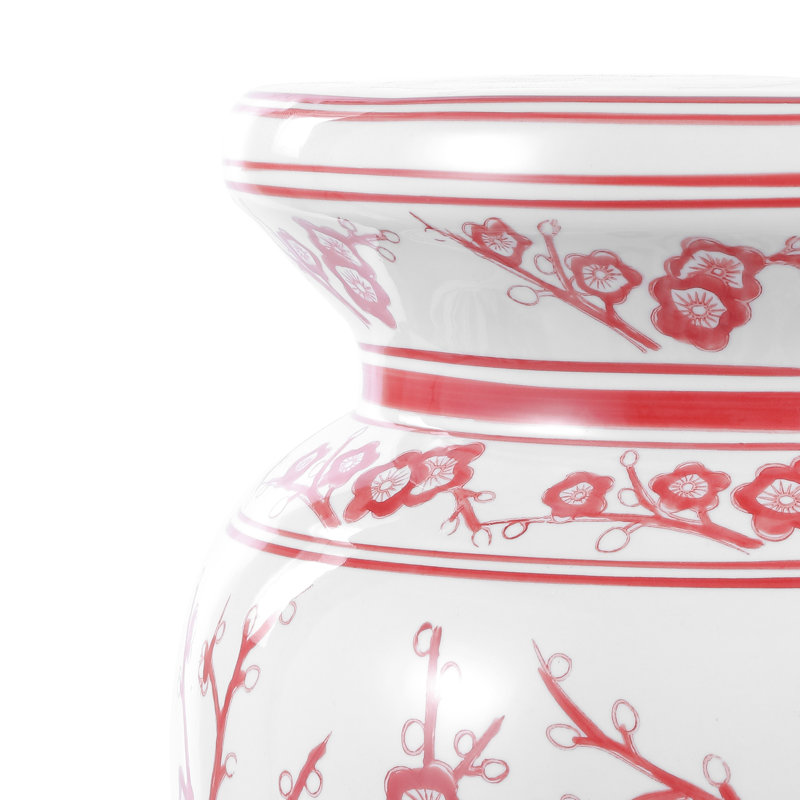 Tabouret de jardin Cherry Blossom 18 po traditionnel rouge et blanc en céramique florale, table d'appoint de patio intérieur / extérieur, siège d'appoint et table de bout