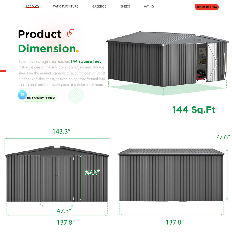 Remise de rangement en métal 12 pi x 12 pi avec conception de portes verrouillables, Gris foncé
