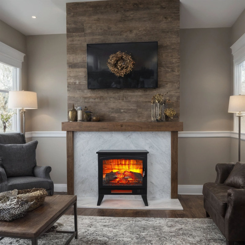 Three-sided Freestanding Electric Fireplace Stove heater with 3D Flame effect with remote control, 23.35" H x 21" W x 10" D