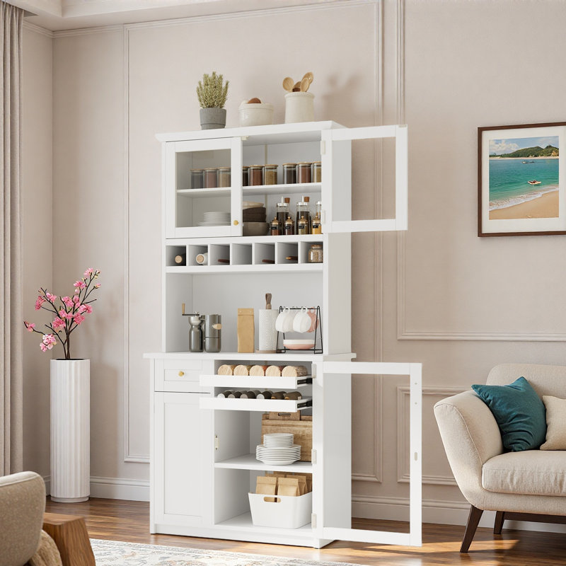 Armoire de cuisine autoportante avec tiroir, support à vin, tablettes réglables et portes en verre trempé, Blanc