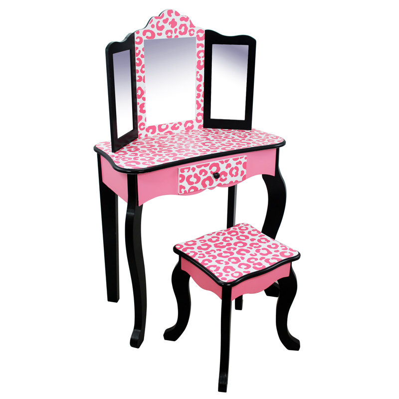 Teamson Kids Gisele Wooden Play Vanity Set with Tri-Fold Mirror, Storage Drawer, Matching Stool and Kids Makeup Table for Ages 3+