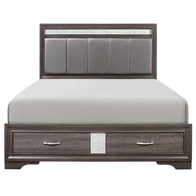 Modern Gray And Silver Glitter Queen Bed, Upholstered Headboard With Built-In Storage Contemporary Platform Bed Upholstery, Trim Bedroom