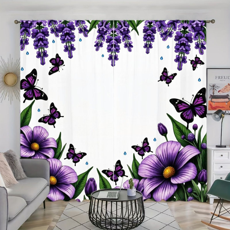 2Pcs Beautiful Purple Flowers Butterflies Curtains, Rod Pocket Sun Blocking, Floral Nature Style, All-Season For Living Room Bedroom Study Window Decor