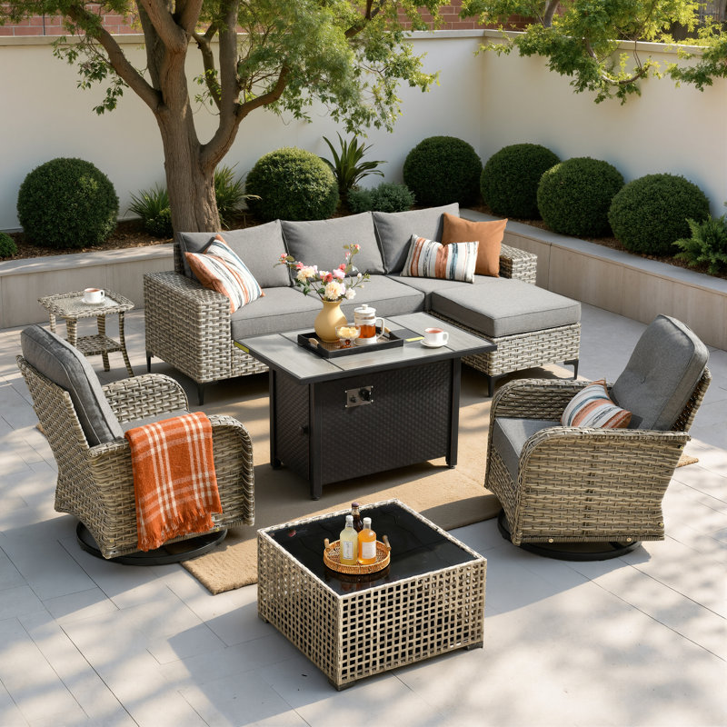 8-Piece Patio Conversation Set, Modular Outdoor Wicker Sectional With Wide Armrests And Coffee Table, Patio Sofa Set With Swivel Rocking Armchairs And Cushions