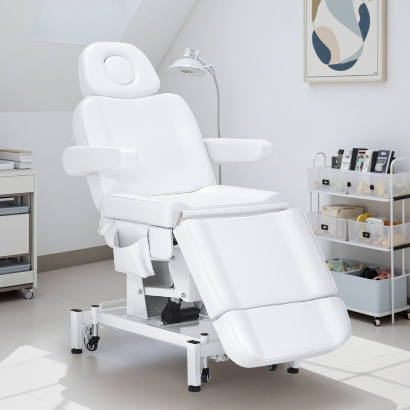 Lit de massage électrique à 3 moteurs avec hauteur réglable, pieds et dossier, lit pour le visage pour esthéticienne, Blanc