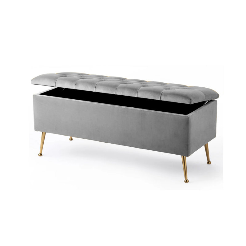 Amara Wide Velvet Tufted Rectangle Storage Ottoman Footstool Upholstered Bench with Legs for Living Room & Bedroom, Silver