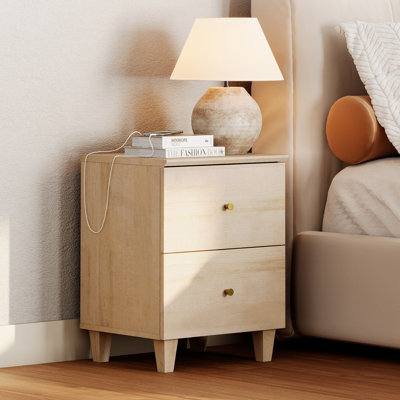 Nightstand With 2 Drawers And Charging Station, Bedside Table With Solid Wood Legs