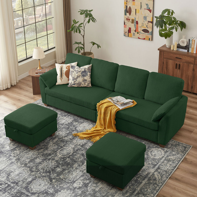 102.36" W  Corduroy  U Shaped Sectional Sofa, Green