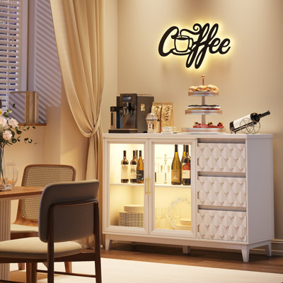 47.2"W 3-drawers Sideboard With Glass Door & 3-color LED Light