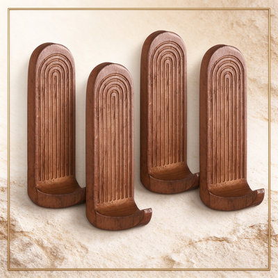 4 Pack Rainbow Arch Adhesive Wall Hooks, Boho Brown Wooden No Drill Hangers, Waterproof Rustproof for Hat Towel Coat Key