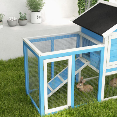Cage à lapin en bois 48 po avec toit en asphalte imperméable, piste extérieure amusante, plateau et rampe amovibles, bleu clair