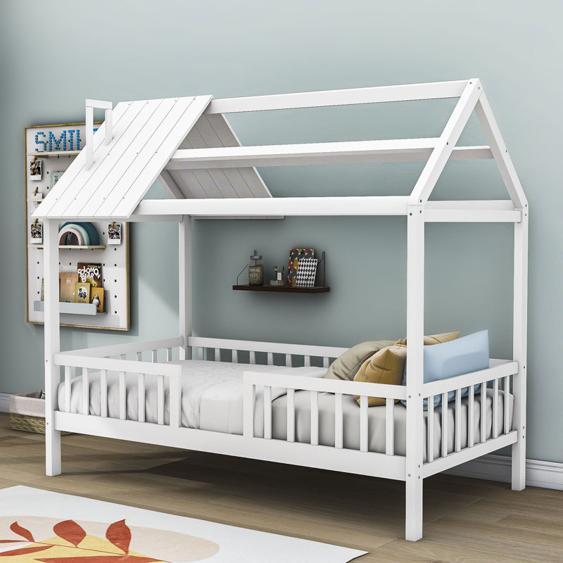 Hadrien Twin Wood House Bed with Fence, White