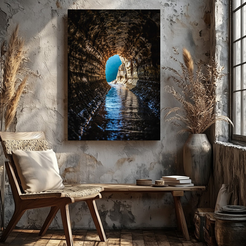 Toile, "Dramatic View from intérieur d'une grotte" capturant un tunnel d'art tourbillonnant comme une formation menant à une ouverture bleue brillante sur toile