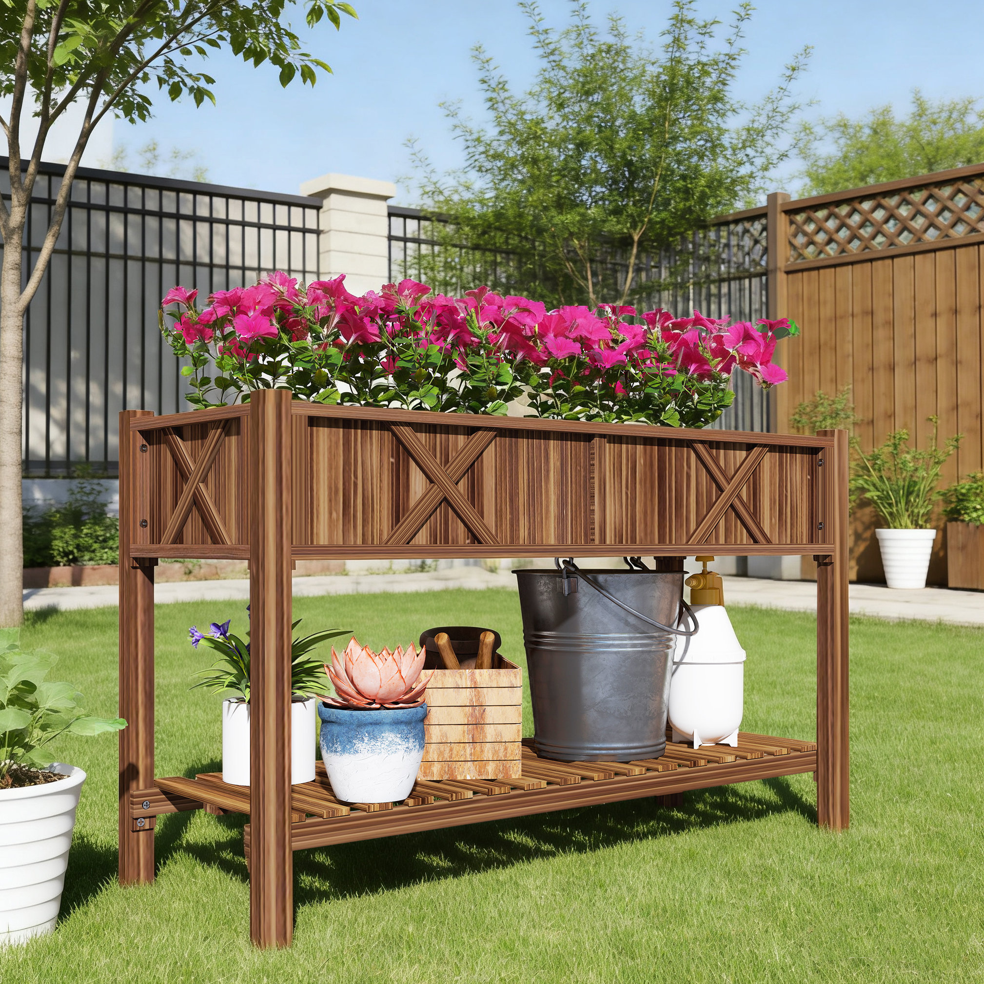 Planting Storage Box Wrought Studio™ Double-layered Raised Wooden Planting Box, Elevated ...