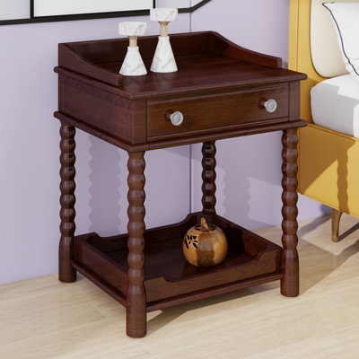 Bedside Table Featuring Drawer, Open Shelf, Turned Legs and Metal Handle, Retro Design for Bedroom